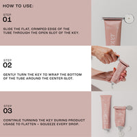 Instruction graphic showing how to use a pink squeeze tube with a key-shaped cap. The layout has three steps on a dusty pink and white background, with photos of hands demonstrating how to slide, turn, and squeeze the tube.