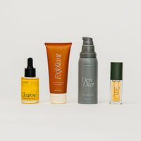 Five skincare products on a light gray background